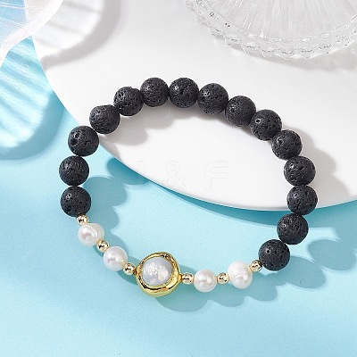 Natural Lava Rock & Baroque Pearl & Non-magnetic Synthetic Hematite Beaded Stretch Bracelets for Women BJEW-JB14023-1