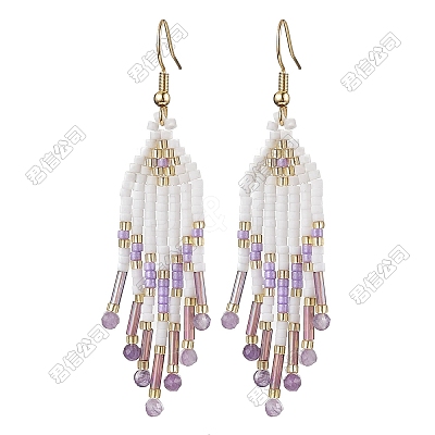 Woven Seed Beads & Natural Amethyst Tassel Dangle Earrings EJEW-FS00067-1