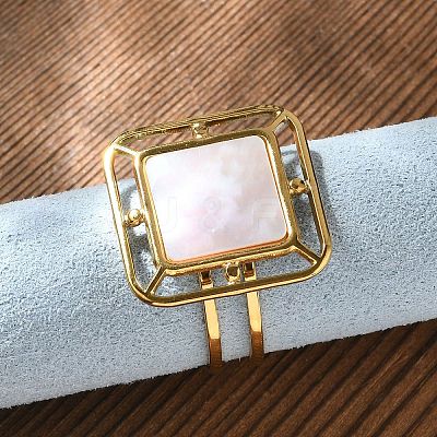 Square 304 Stainless Steel White Shell Cuff Rings for Women RJEW-G346-03G-02-1
