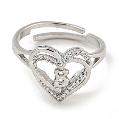 Heart with Letter Rack Plating Brass Micro Pave Clear Cubic Zirconia Adjustable Rings for Women RJEW-I105-01P-B-1