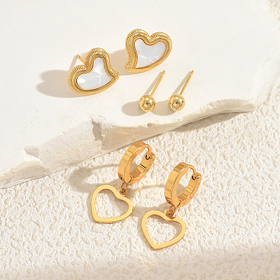 3 Pairs Stainless Steel Heart & Round Earring Sets UL3756-1