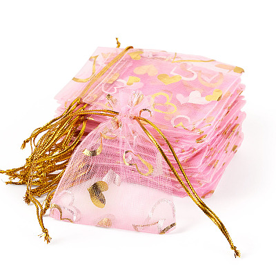 50Pcs Heart Printed Organza Bags OP-TADJ0001-01B-1