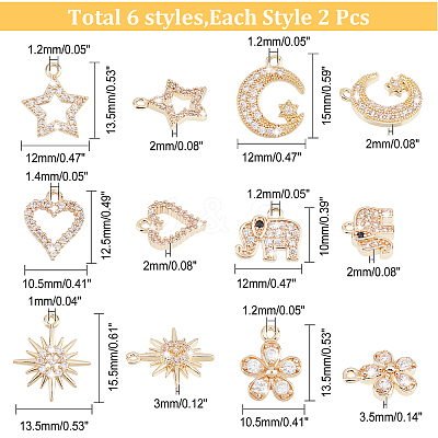 12Pcs 6 Style Rack Plating Brass Micro Pave Cubic Zirconia Charms ZIRC-AR0001-17-1