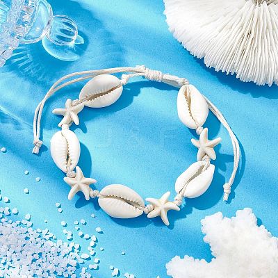 Natural Shell & Synthetic Turquoise Starfish Braided Bead Bracelets BJEW-JB10081-1
