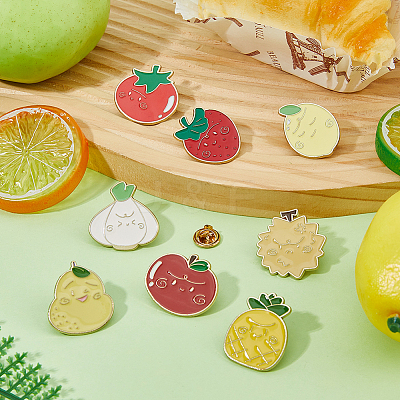 8Pcs 8 Styles Fruits/Vegetables Alloy Enamel Lapel Pin Backs for Backpack Clothes JEWB-FH0002-87-1