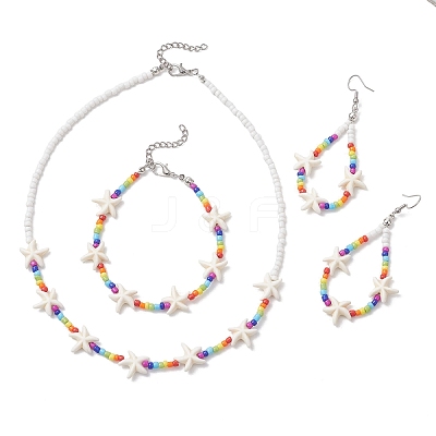Starfish Synthetic Turquoise & Glass Beaded Bracelets & Earrings & Necklaces SJEW-JS01369-1