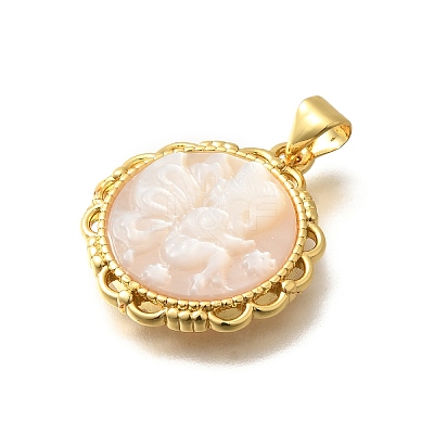 Brass with Natural Shell Carved Pendants KK-Z091-07G-02-1