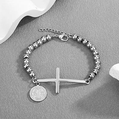Cross & Flat Round with Saint Benedict 304 Stainless Steel Link Bracelets FS-WG3BB4A-02-1