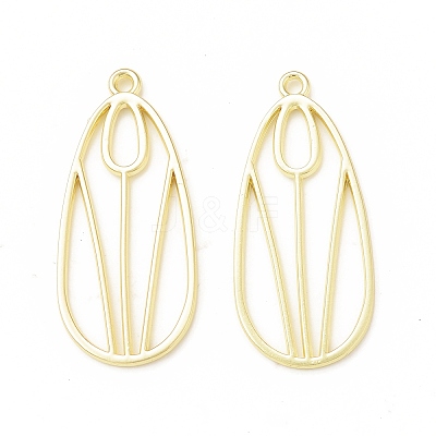 Rack Plating Alloy Teardrop with Tulip Pattern Open Back Bezel Pendants X-FIND-G052-51LG-1