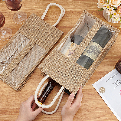 2-Slot Rectangle Linen Wine Storage Bags with Handle ABAG-WH0046-28B-1