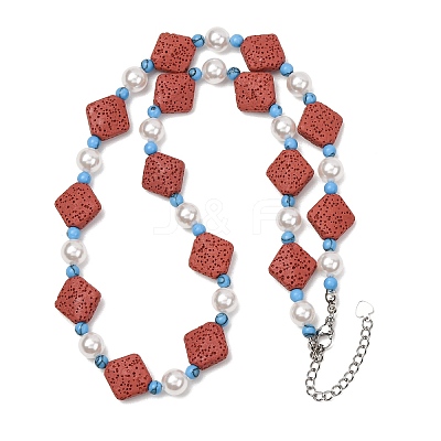 Dyed Natural Lava Rock & Round Synthetic Turquoise & Imitation Pearl Beaded Necklaces GG-CBA922D-07C-1
