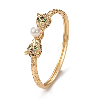 Rack Plating Brass Micro Pave Cubic Zirconia Leopard Bangles with Plastic Bead BJEW-E071-26G-1