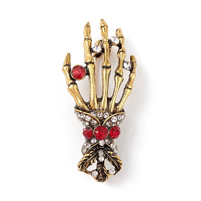 Halloween Theme Rhinestone Skeleton Hand Brooch Pin JEWB-F018-01AG-1