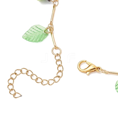 Acrylic Leaf & Glass Seed Beaded Grapes Tassel Brass Bar Link Chain Anklets for Women AJEW-MZ00008-02-1