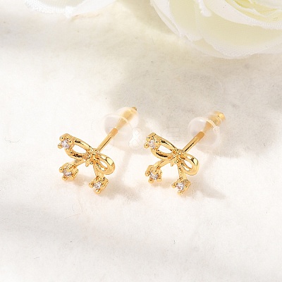 Brass Micro Pave Clear Cubic Zirconia Bowknot Stud Earrings EJEW-C158-14B-G-1