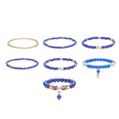 7Pcs 7 Style Natural & Synthetic Mixed Gemstone & Glass Seed Beaded Stretch Bracelets Set BJEW-JB08892-04-1
