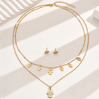 Elegant Vintage Stainless Steel Rhinestone Hamsa Hand Stud Earrings & Double-layer Necklace Sets for Women QF7163-1