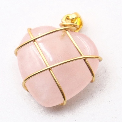 Valentine's Day Natural Rose Quartz Copper Wire Wrapped Pendants PW-WG96066-01-1