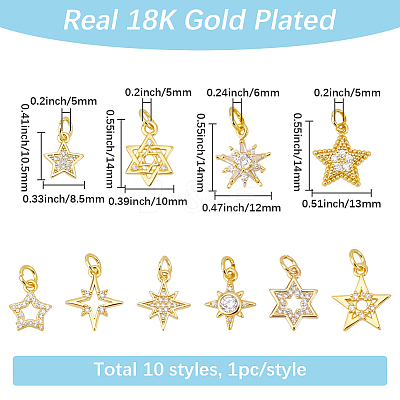 10Pcs 10 Styles Rack Plating Brass Micro Pave Clear Cubic Zirconia Pendants KK-SC0007-90-1