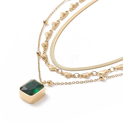 Green Glass Rectangle Charms Triple Layer Necklace NJEW-C036-08G-1