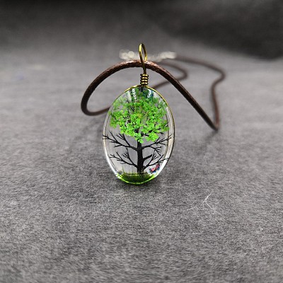 Alloy Wire Wrapped Oval Glass Inner Dried Flower Tree Pendant Waxed Cord Necklaces for Women FS-WG6B63C-17-1