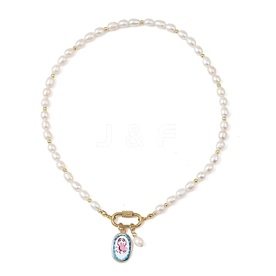 Printed Brass Oval Pendant Natural Cultured Freshwater Pearl Beaded Necklaces for Women NJEW-JN06384-1