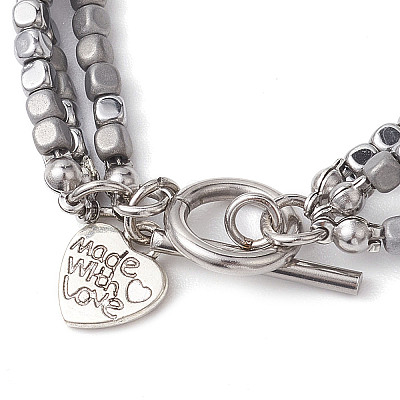 Cube Electroplated Synthetic Non-magnetic Hematite & Natural Pearl Multi-strand Beaded Bracelets BJEW-JB10571-1