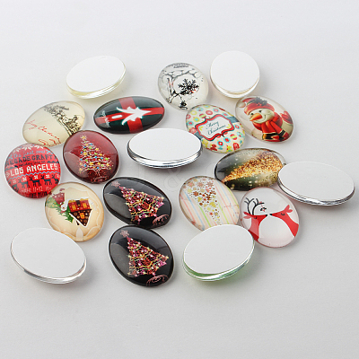 Festival Christmas Theme Xmas Ornaments Decorations Glass Oval Flatback Cabochons GGLA-A003-18x25-KK-1