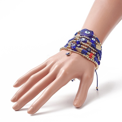 7Pcs 7 Style Evil Eye Lampwork & Glass Seed & Brass Beaded Stretch Bracelets Set for Women BJEW-JB09249-03-1