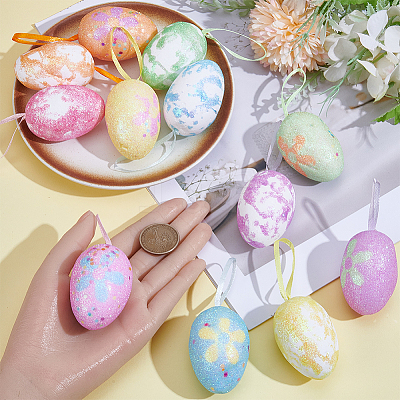 2 Sets 2 Styles Easter Egg Foam Glitter Powder Pendant Decorations AJEW-SP0004-78A-1