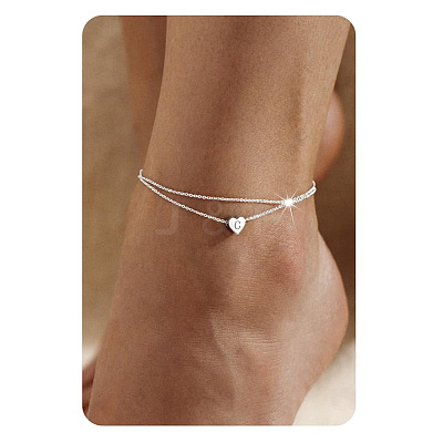 201 Stainless Steel Heart with Initial Charm Double Layer Anklets for Women FS-WG0EC0A-03-1