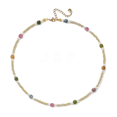 Faceted Cube Natural Multicolor Tourmaline and Glass Seed Beads Beaded Necklaces for Women NJEW-JN06668-1