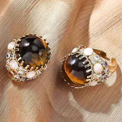 Half Round Natural Tiger Eye Cubic Zirconia Cuff Rings RJEW-M076-01G-03-1