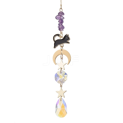 Teardrop Glass & Natural Amethyst Beads Hanging Suncatchers HJEW-JM04611-1