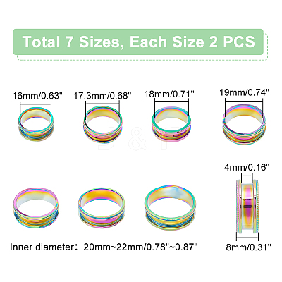 14pcs 7 size Unisex Stainless Steel Grooved Finger Ring Sets RJEW-UN0002-65MC-1