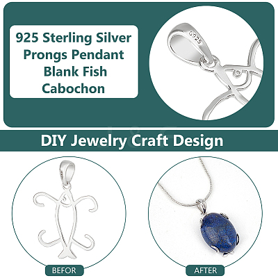 2Pcs 925 Sterling Silver Prongs Pendant Blank Fish Cabochon Settings STER-BC0002-60P-1