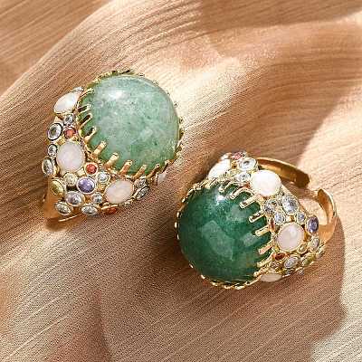 Half Round Natural Green Aventurine Cubic Zirconia Cuff Rings RJEW-M076-01G-05-1