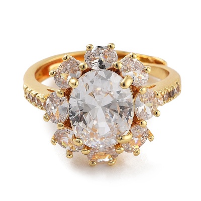 Flower Rack Plating Brass Micro Pave Cubic Zirconia Adjustable Rings for Women RJEW-Z059-11G-02-1