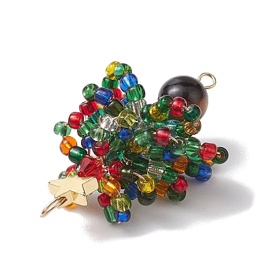 Natural Tiger Eye & Glass Seed Beaded Connector Charms PALLOY-MZ00225-1