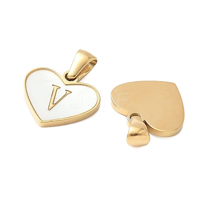 304 Stainless Steel Pave Natural White Shell Heart with Initial Slice Pendants STAS-R168-25G-V-1