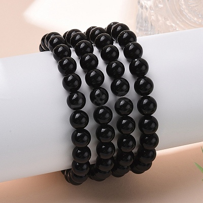 Natural Obsidian Beaded Stretch Bracelets BJEW-Q692-12-8mm-1