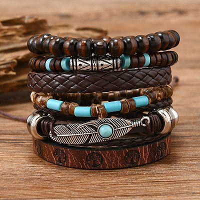 6Pcs 6 Styles Wood & Synthetic Turquoise Beaded Stretch Bracelets & Alloy Synthetic Turquoise Link Bracelets & Retro PU Leather Cord Bracelets for Men's FS-WG129F8-04-1