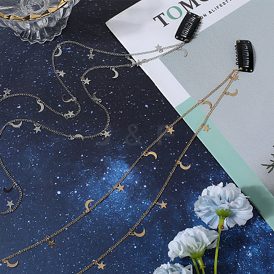 2Pcs 2 Colors Metal Hair Chain with Moon & Star Charms and Iron Hair Combs Clips OHAR-GF0001-35-1