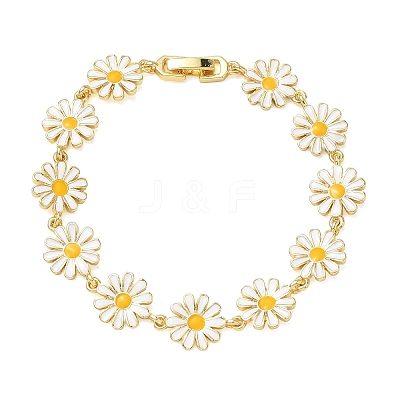 Brass & Enamel Daisy Link Chain Bracelets for Women BJEW-A171-03G-1