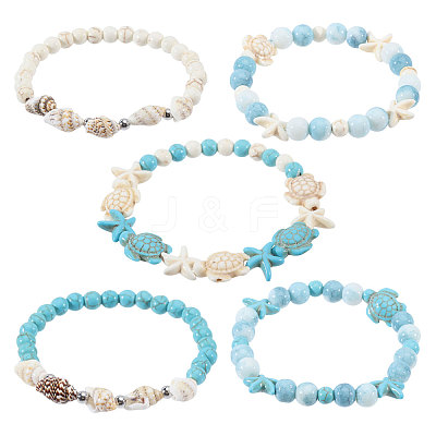 5Pcs Ocean Theme Synthetic Turquoise & Shell Beads Bracelet Sets BJEW-CA00001-1