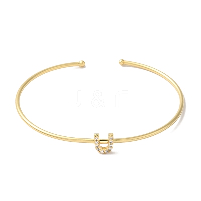 Rack Plating Brass Micro Pave Clear Cubic Zirconia Letter Open Cuff Bangles BJEW-A018-01G-U-1