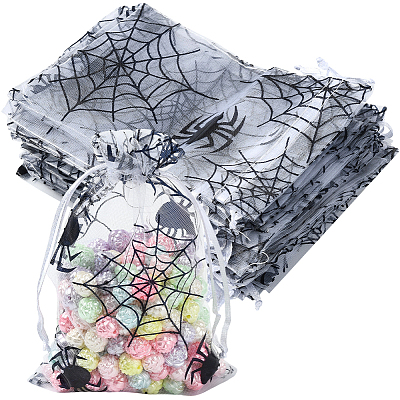 Halloween Theme Spider Printed Organza Drawstring Bags ABAG-WH20021-006A-1