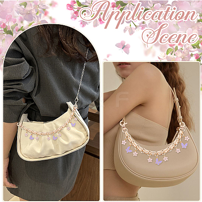 2Pcs Alloy Enamel Lilac Butterfly and Pink Flower Pendant Aluminum Bag Decorative Chains HJEW-BBC0001-38-1