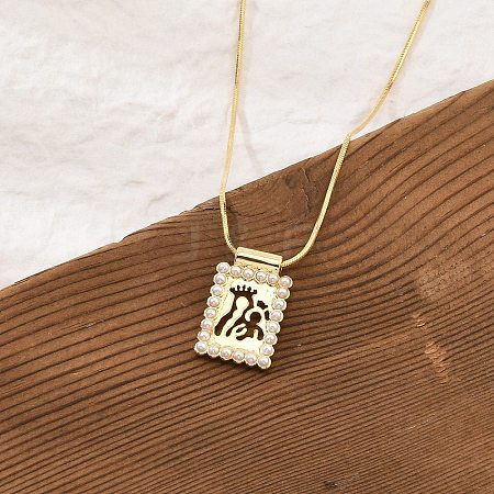 Brass & Plastic Imitation Pearl Hollow Virgin Mary Rectangle Pendant Snake Chain Necklaces for Women NJEW-Z053-02G-02-1