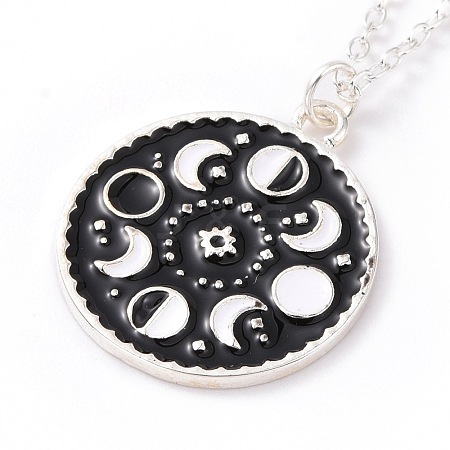 Black Enamel Moon Phase Pendant Necklace NJEW-G030-02S-1